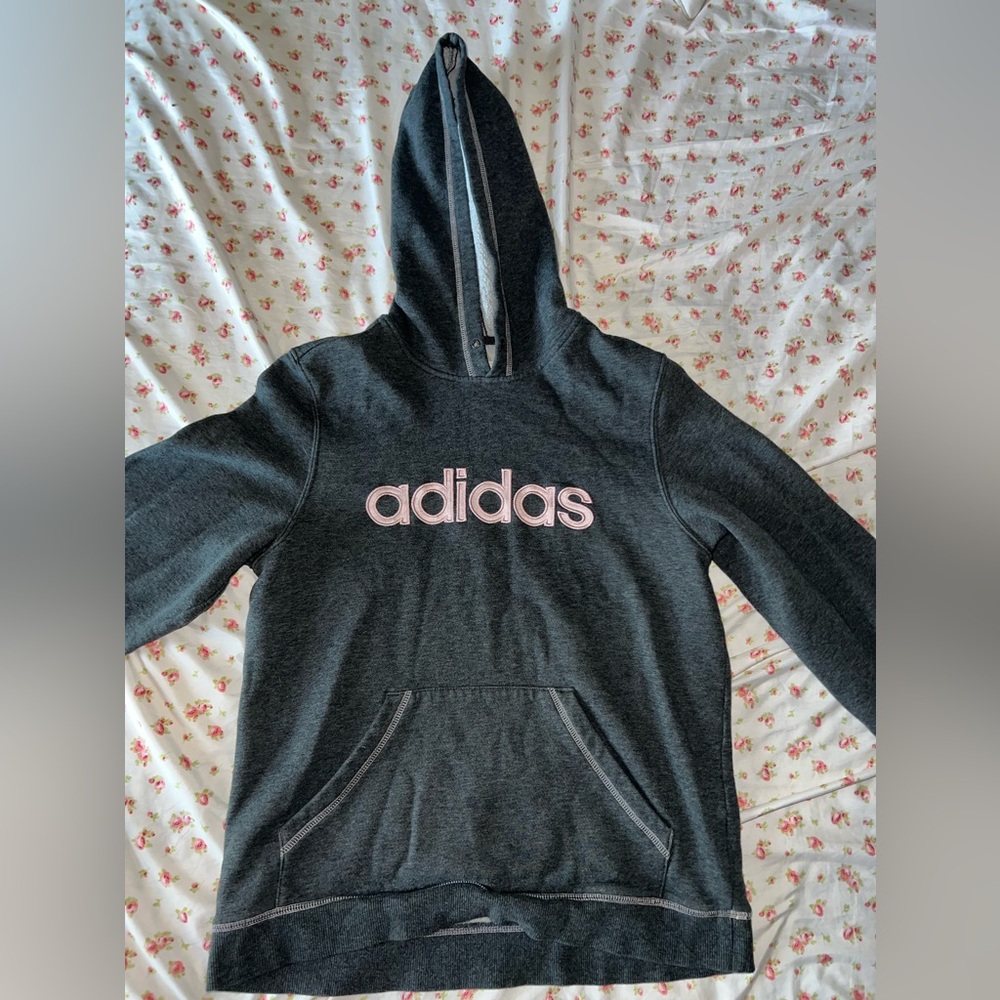 Gray Adidas hoodie with light pink stitching
